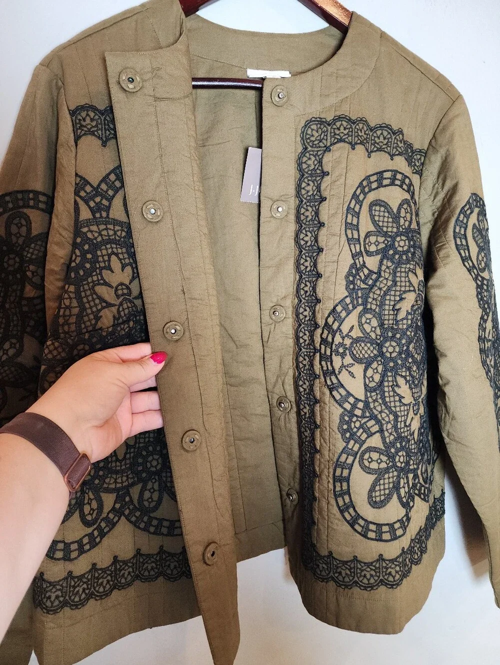 NWT J. Jill Pure Jill Embroidered Snap-Front Jacket Olive Green 100% Cotton XL